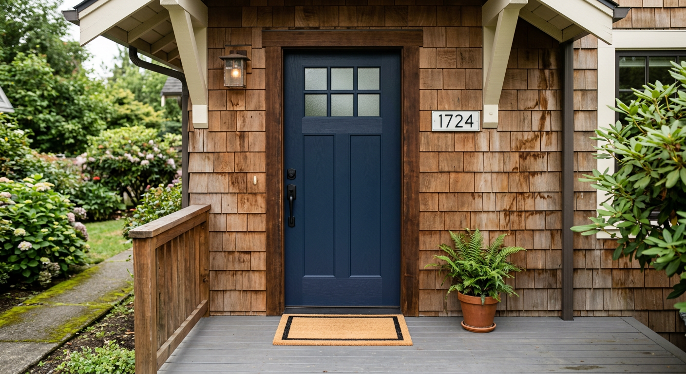 A freshly installed dark blue front door on a craftsman home after a professional door installation in Ballard, WA.