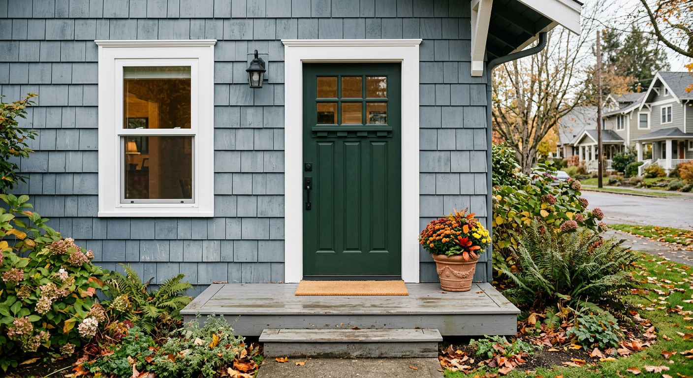A perfectly installed dark green craftsman front door on a home in Ballard, WA, ready for the fall season.