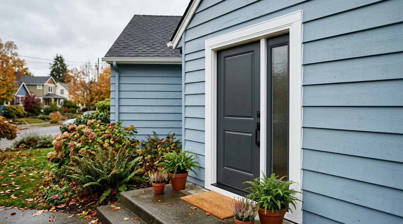 A new, perfectly installed fiberglass front door on a home in Ballard, WA, ready for the rainy season.