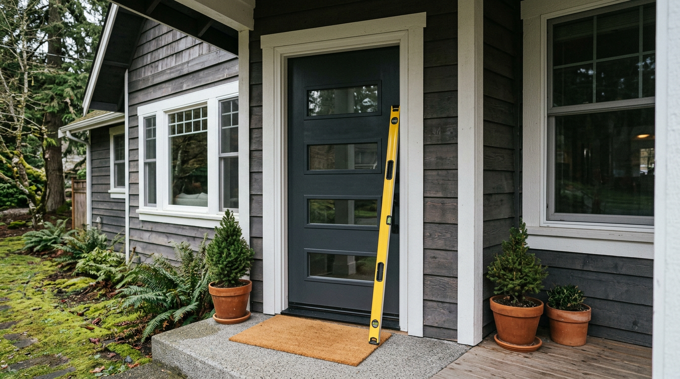 A newly installed fiberglass front door on a home in Brier, WA, with a level showing the perfect, professional installation.
