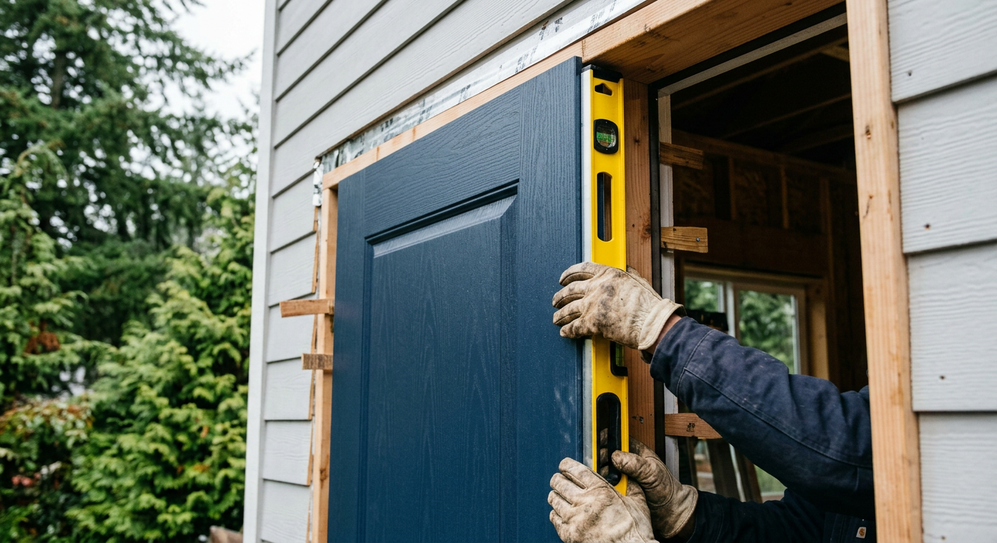 A new exterior door being professionally installed and leveled on a home in Brier, WA.
