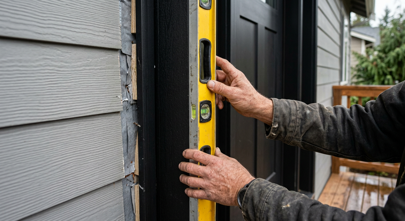 Checking a new exterior door installation for plumb with a level in a Brier, WA home.