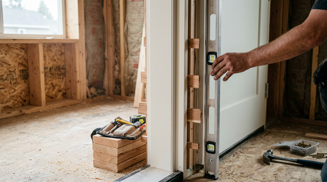 A freshly-installed exterior door with visible shims and a level, part of a professional door installation in Brier, WA.