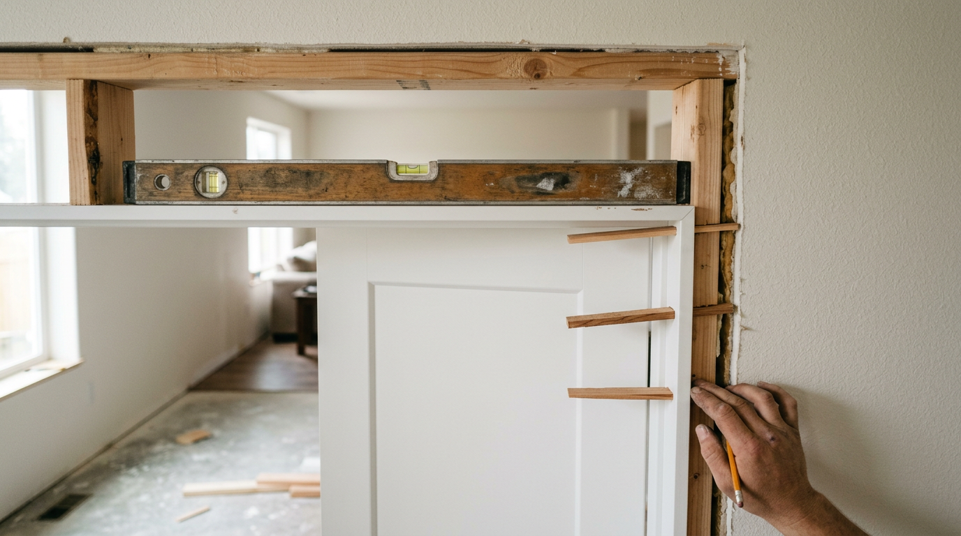 A new exterior door being carefully leveled during installation in a Brier, WA home.