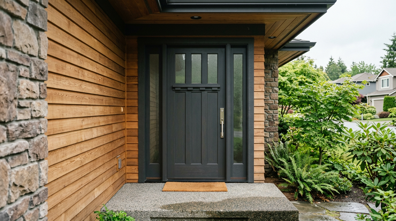 A new, professionally installed dark gray front door on a modern home in Kirkland, WA.