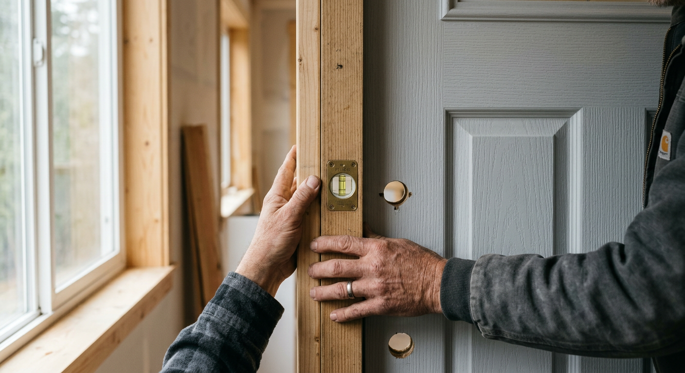 Checking a new front door installation for plumb with a level in a Kirkland, Washington home.