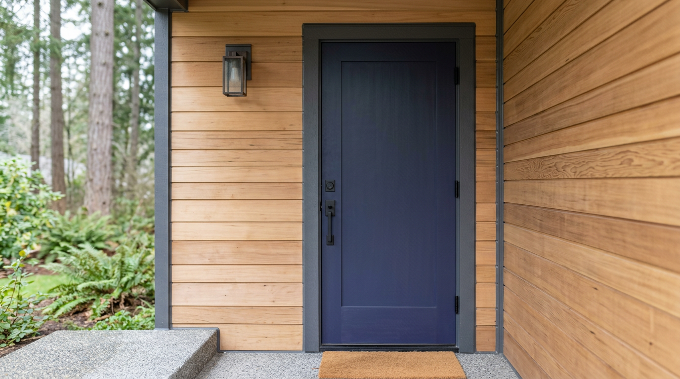 A perfectly installed modern front door on a home in Kirkland, Washington, showing a proper weatherproof seal.