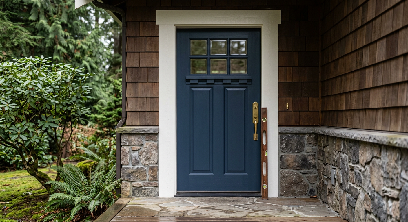 A newly installed craftsman-style front door on a home in Kirkland, WA, with a level showing its perfect alignment.