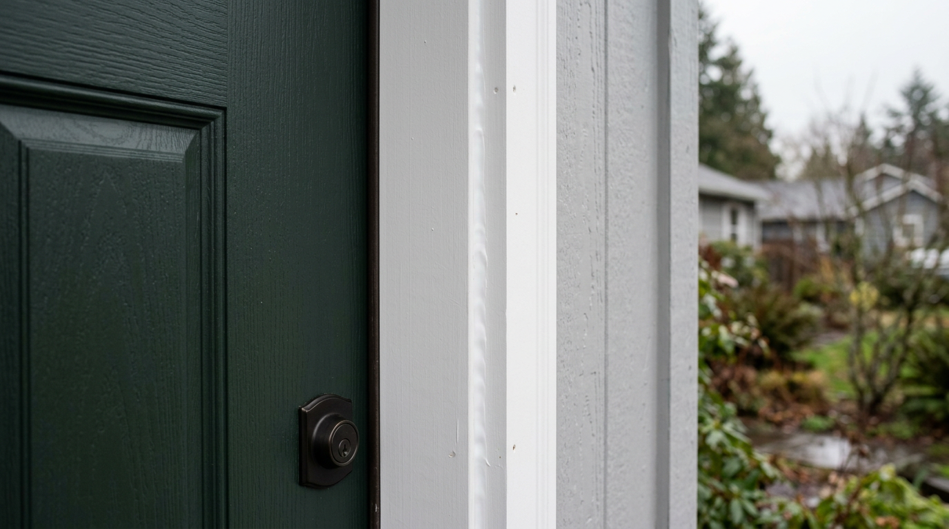 A newly installed exterior door in Lake Stevens, WA, with new trim and weather sealing.