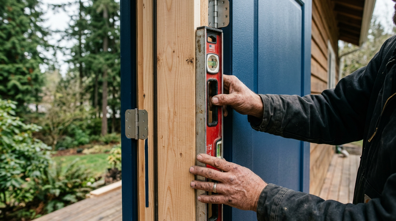 A newly installed exterior door being checked with a level during a door installation project in Lake Stevens, WA.