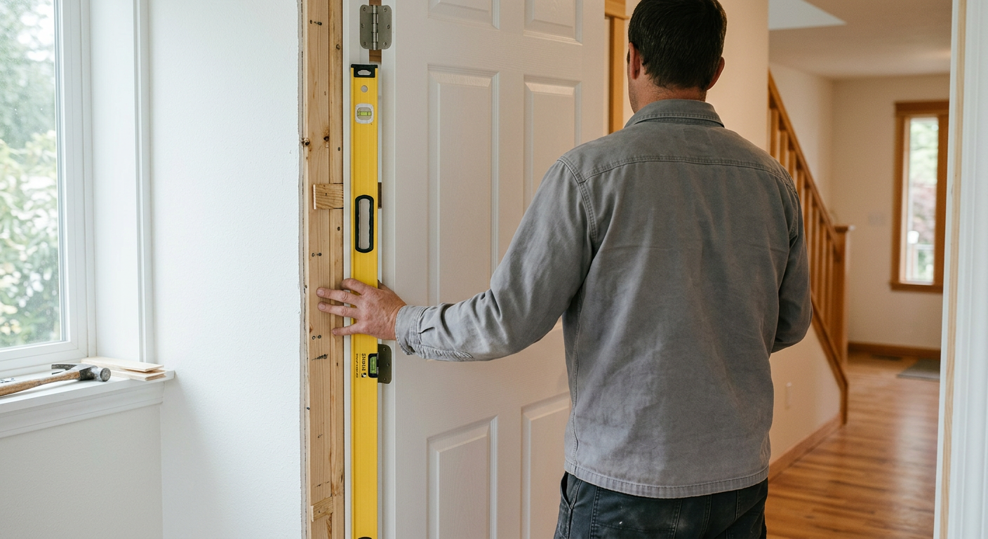 A professional using a level to ensure a correct door installation in a Lake Stevens, WA home.