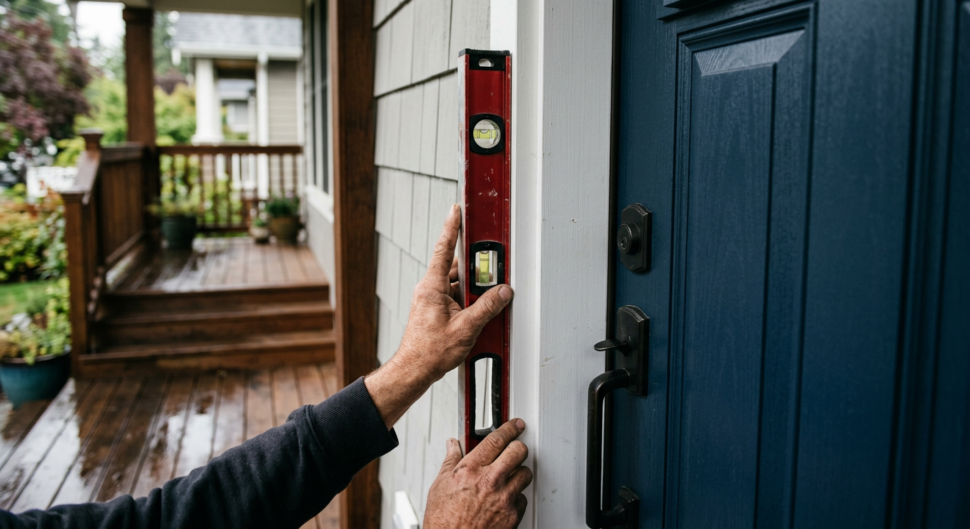 A newly installed blue exterior door being checked with a level in a Lake Stevens home.