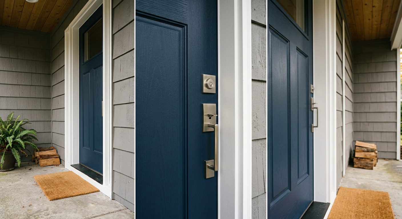 A newly installed dark blue front door on a Mukilteo home, showing a perfect seal against the weather.