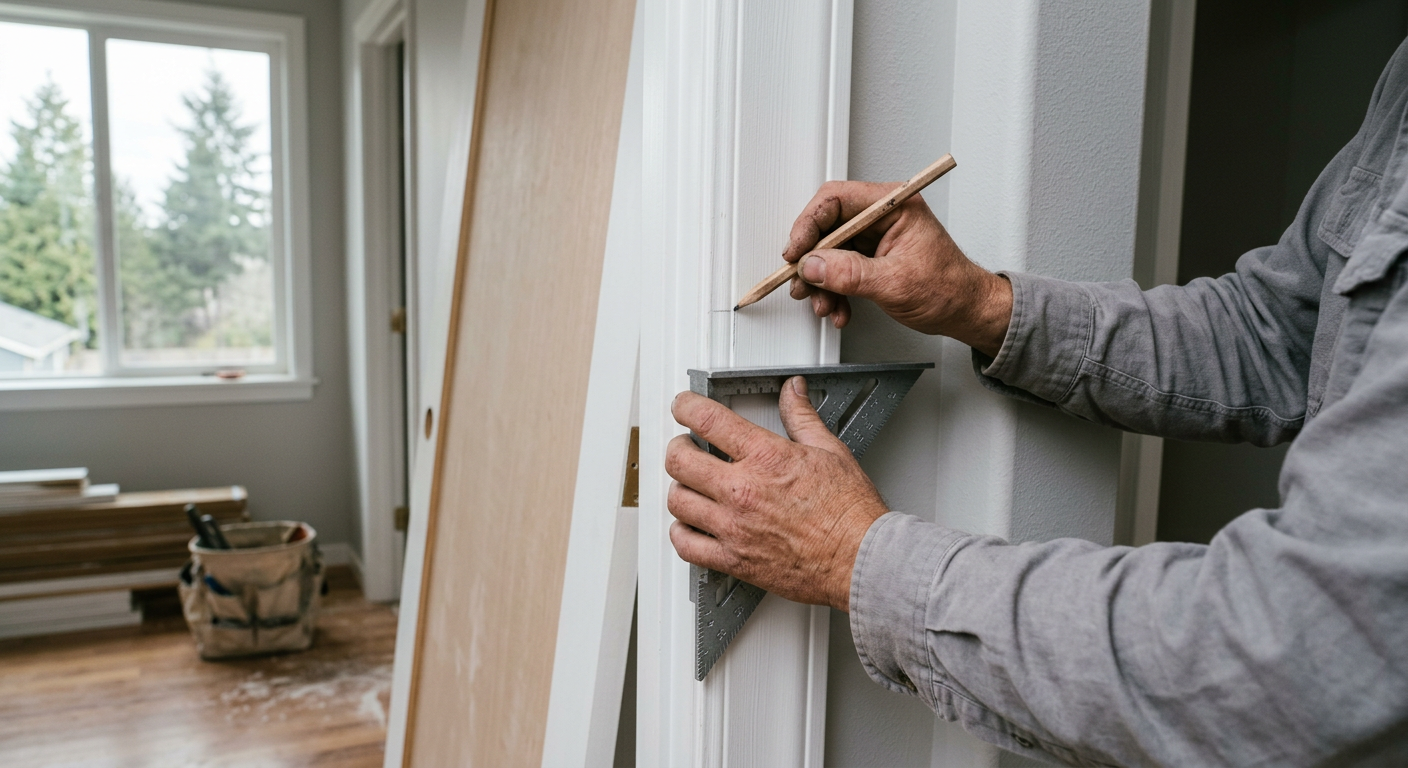 Marking a new door jamb for installation in a Mukilteo, WA home.