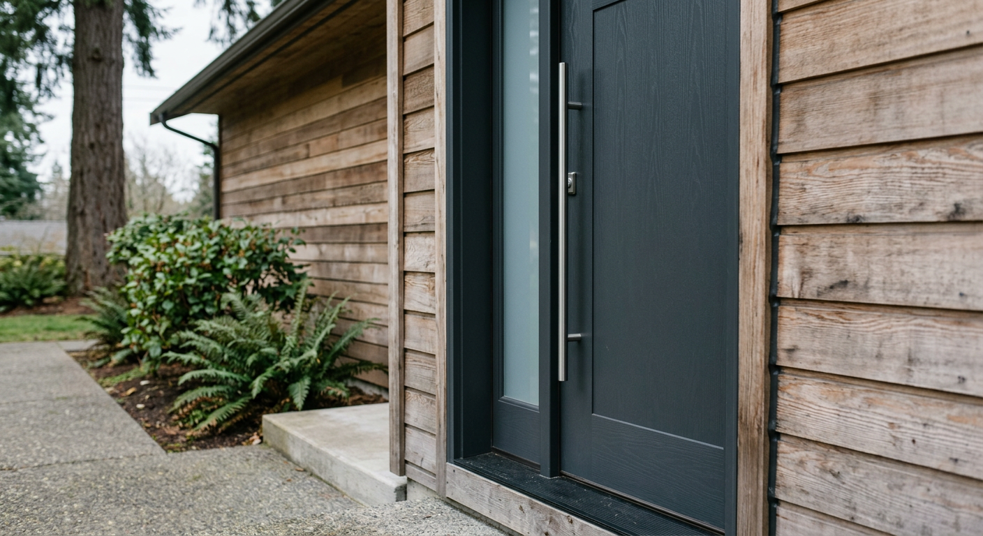 A newly installed charcoal gray front door on a home in Mukilteo, WA, showing a professional door installation.