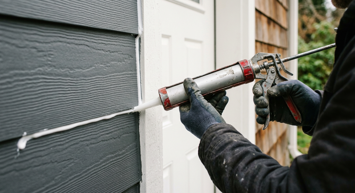 Applying a fresh bead of caulk around a new exterior door during a professional door installation in Mukilteo, WA.