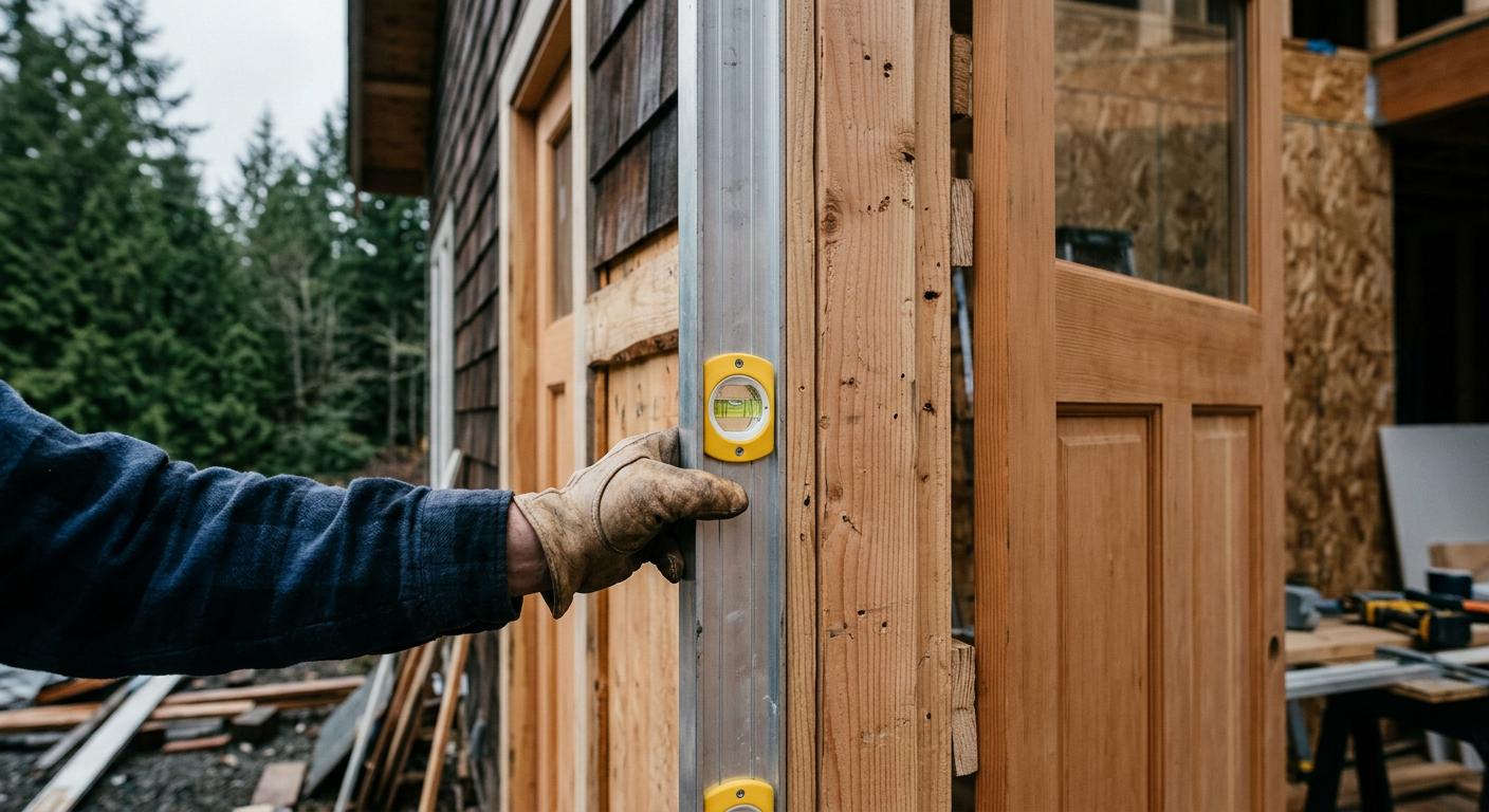 A level being used to ensure a new exterior door installation in a Mukilteo home is perfectly plumb.