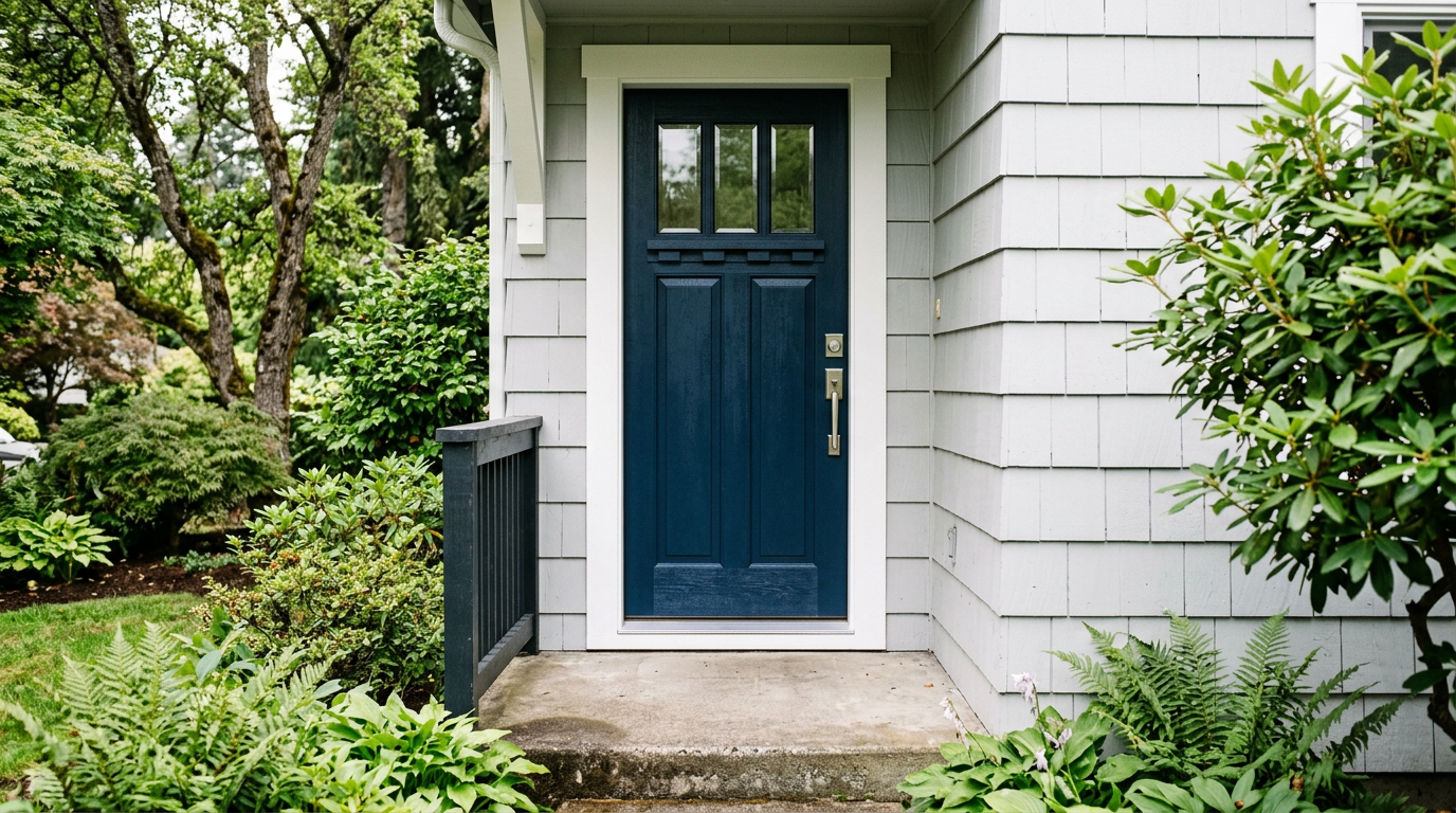 A newly installed craftsman-style front door on a home in Northgate, WA, showing a perfect seal and improved curb appeal.