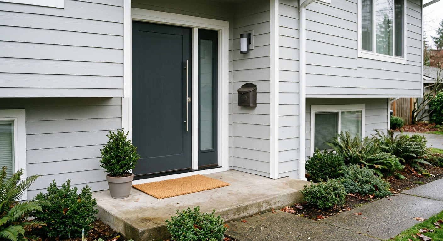 A newly installed dark gray fiberglass front door on a home in Northgate, WA.