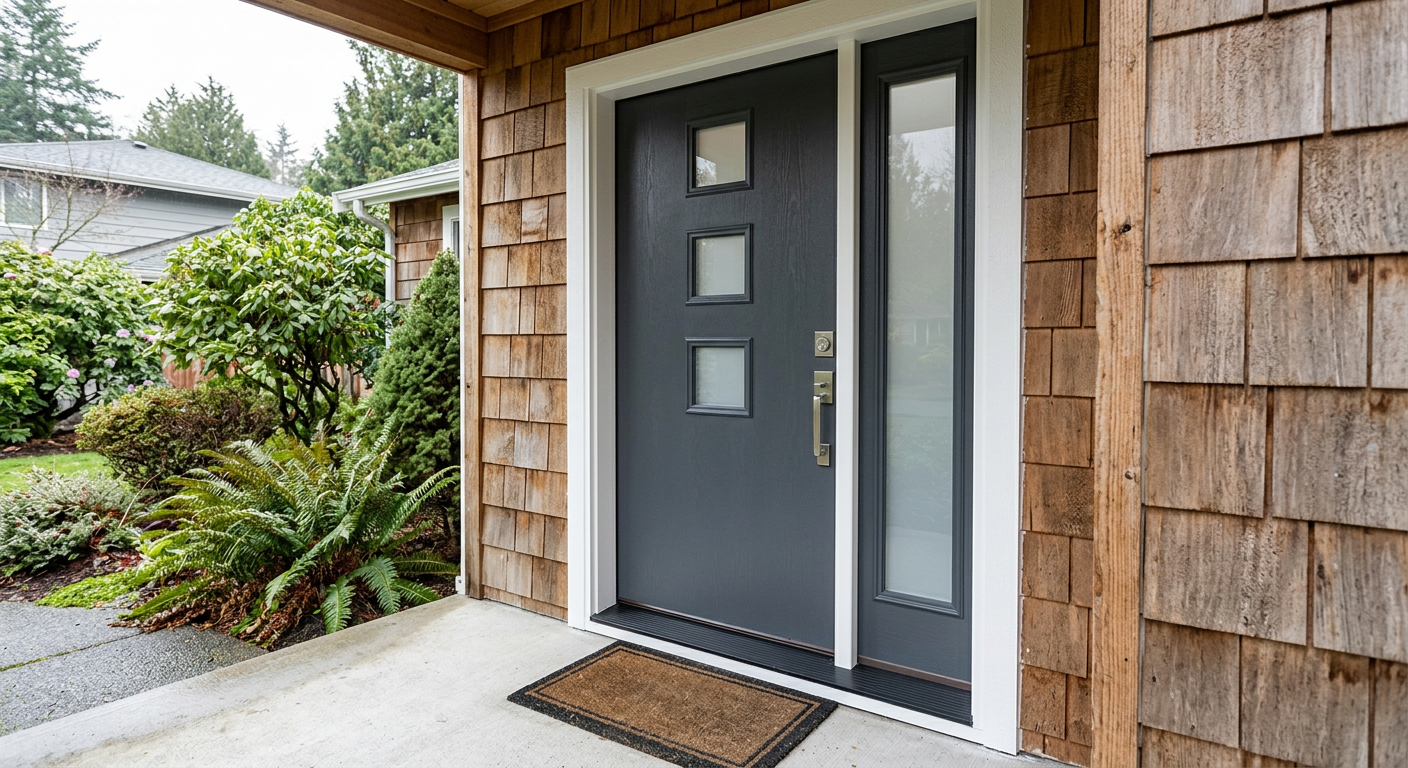 A professionally installed new front door on a home in Northgate, WA, showing a perfect seal against the PNW weather.