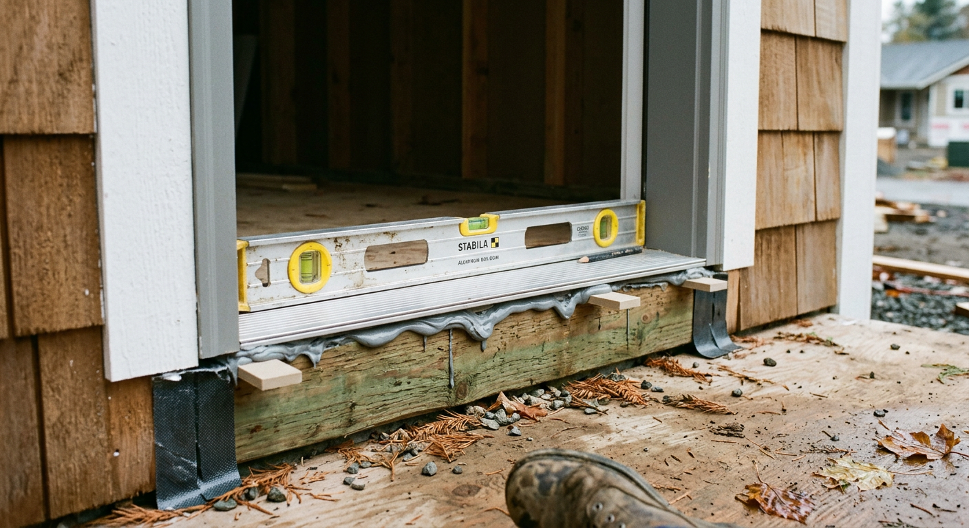 Close-up of a level checking an exterior door frame installation in Northgate WA.