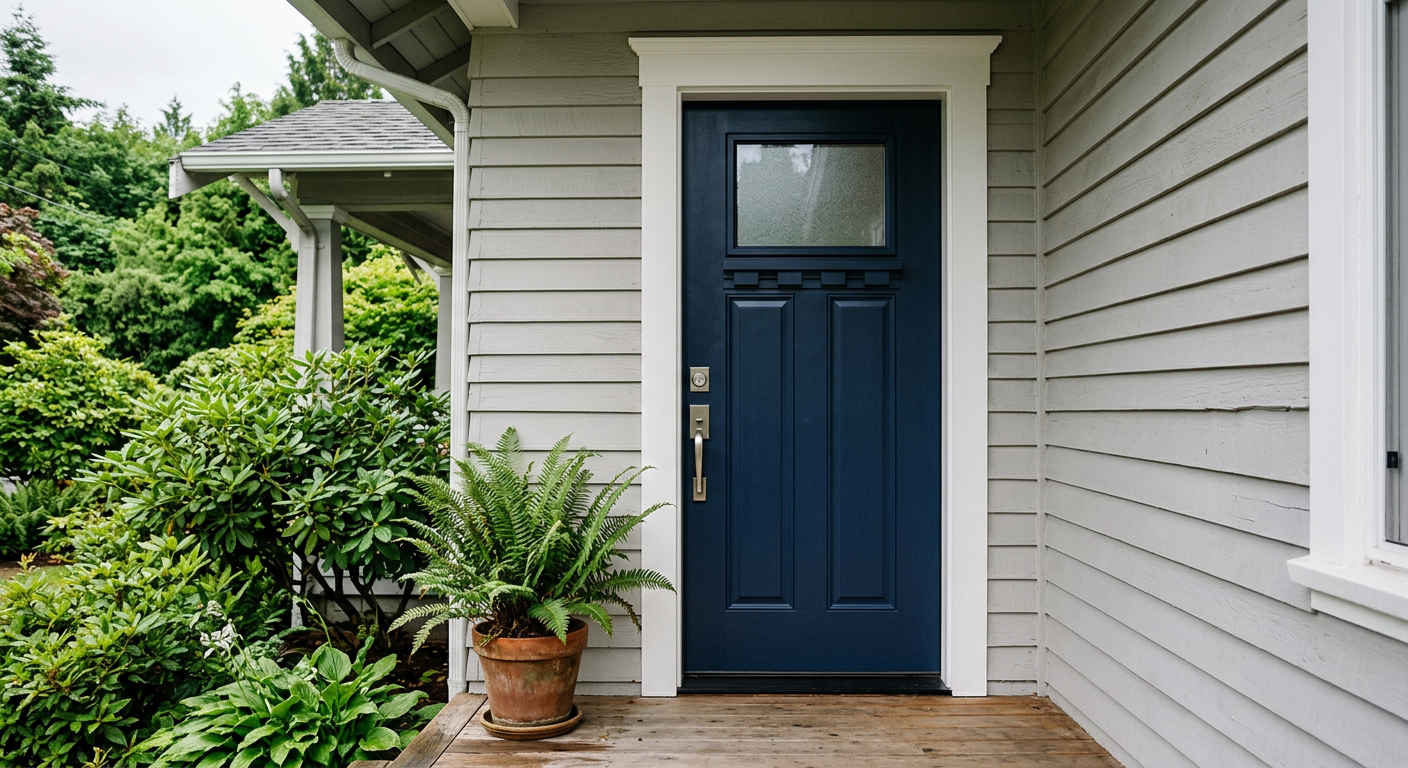 A new dark blue fiberglass entry door installed on a craftsman home in West Seattle, WA.