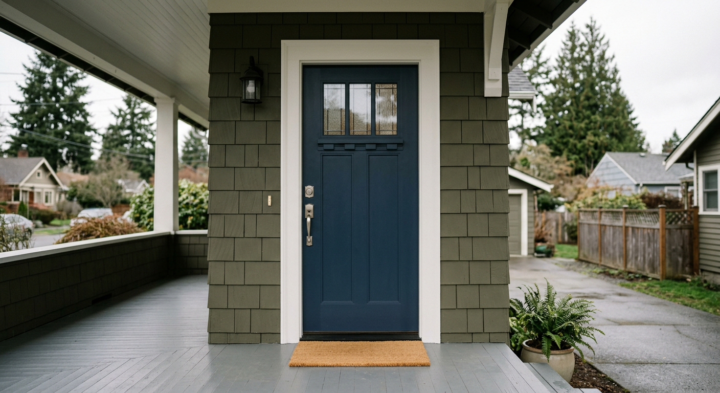 A perfectly installed new front door on a home in West Seattle, WA, ready for the rainy season.