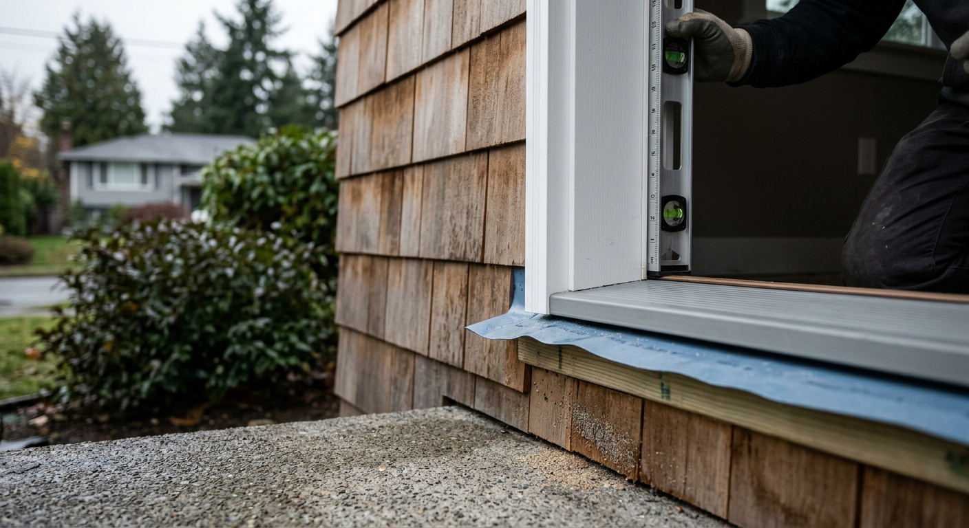 Checking door installation plumb and level on an exterior threshold in West Seattle