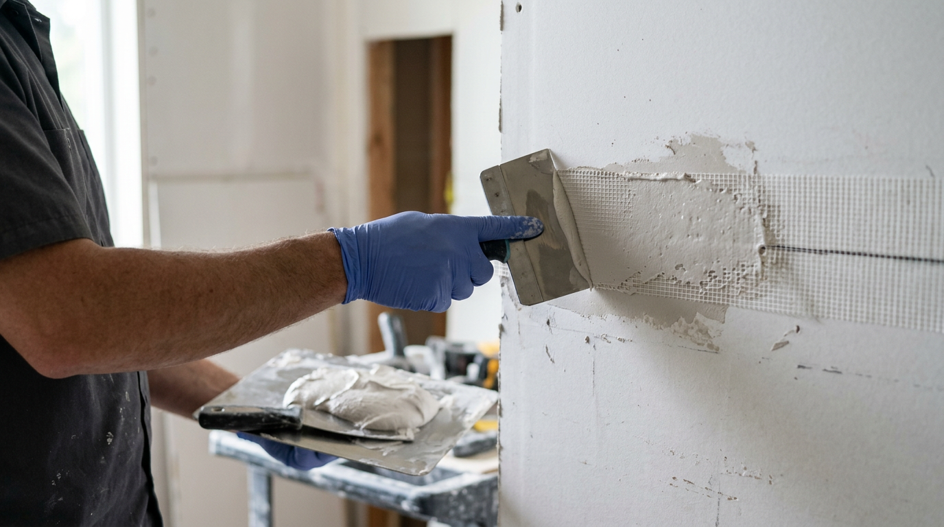 Professional applying joint compound for a drywall repair in a Clyde Hill home.