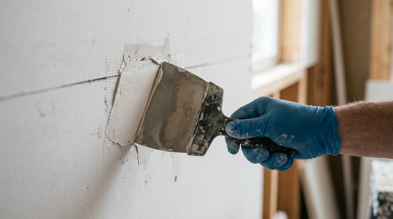 A professional applying joint compound for a drywall repair in Clyde Hill, WA.
