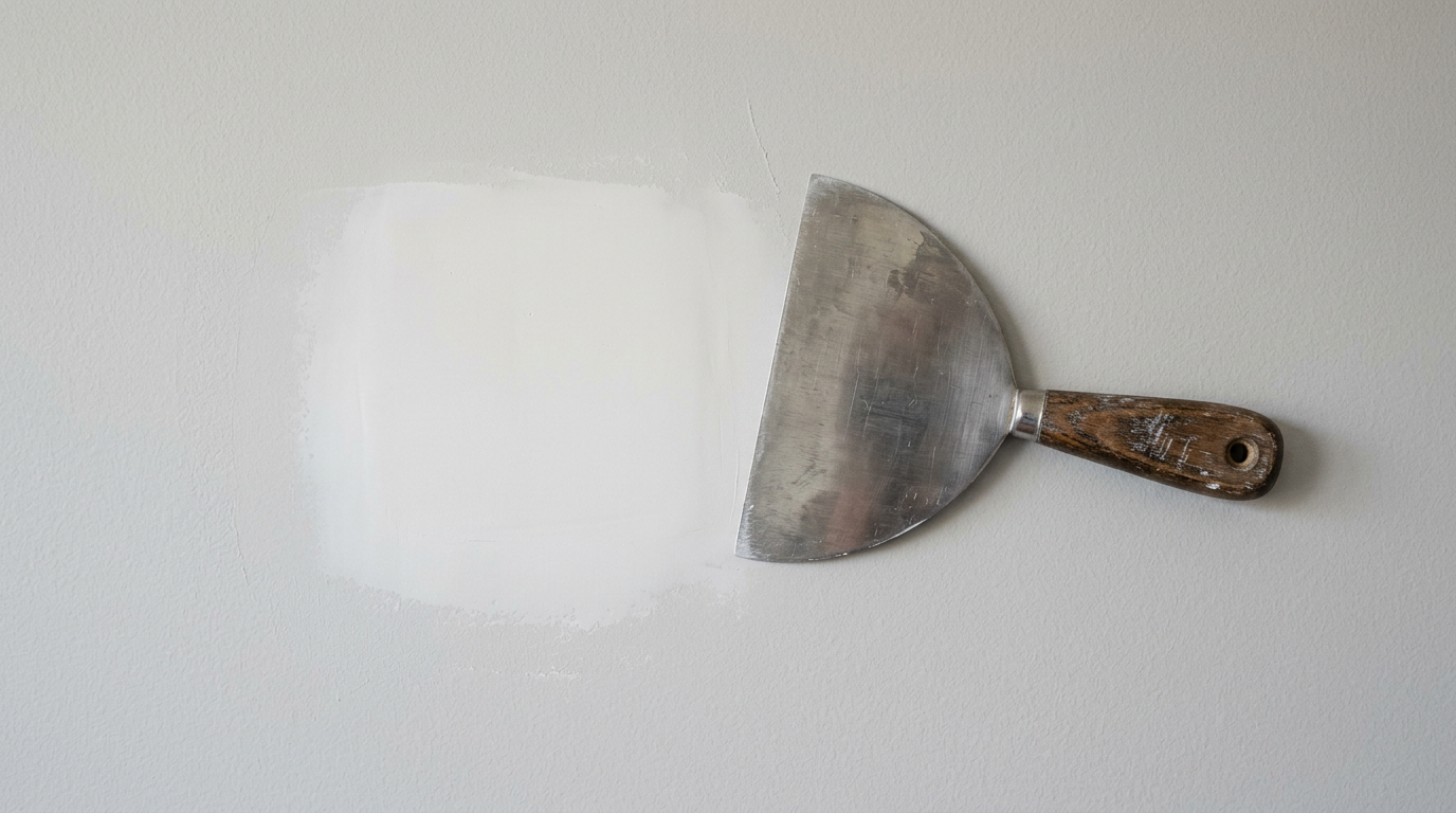 A perfectly repaired drywall patch on a wall in a Clyde Hill home, with a taping knife resting nearby.