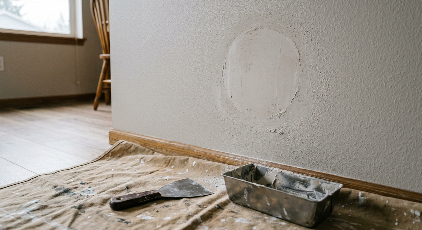 A professional drywall patch repair in a Clyde Hill home, with a taping knife and mud pan nearby.