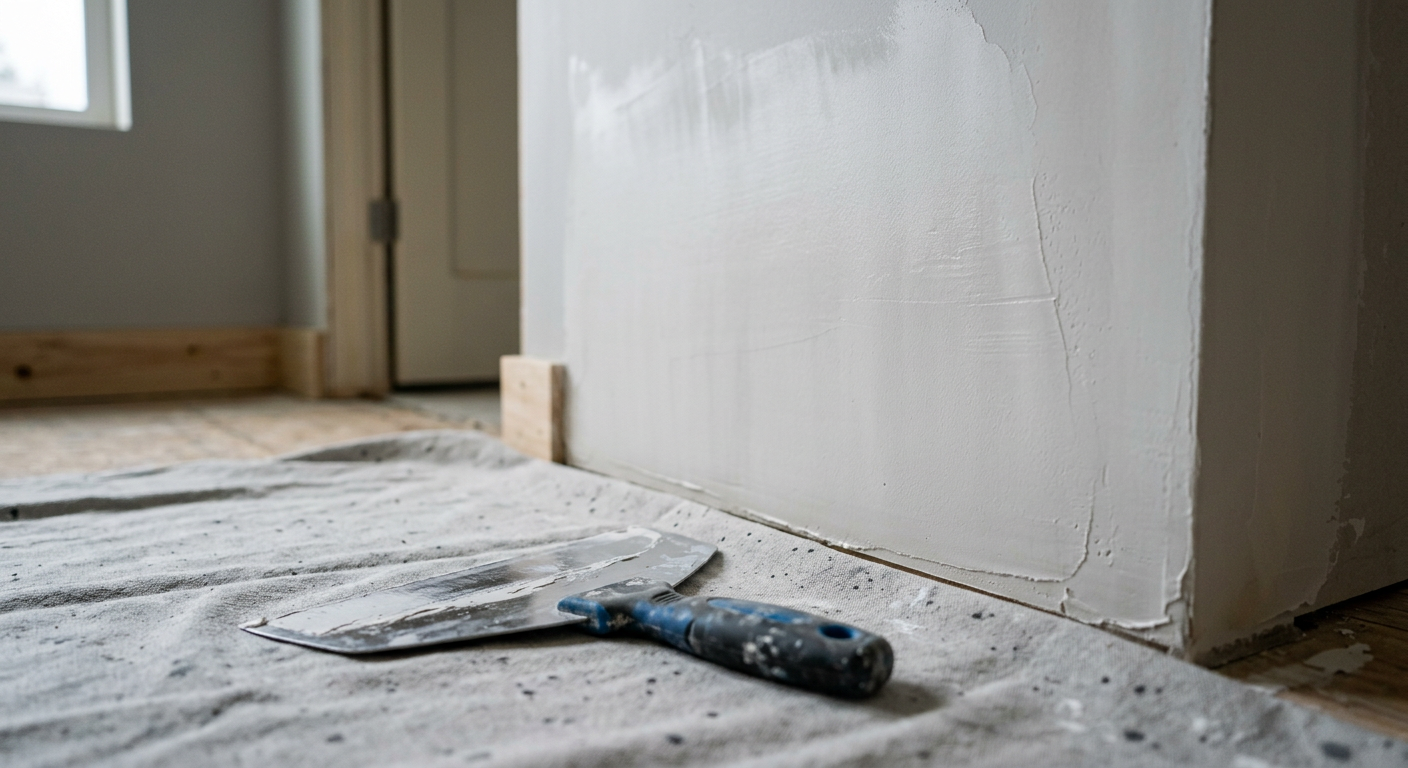 A close-up of a professional drywall repair in a Shoreline home, showing a perfectly smooth patch ready for primer.