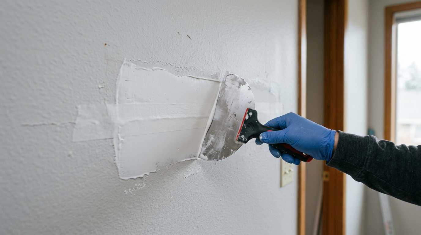 A close-up of a professional handyman performing a drywall repair in a Greenwood home.