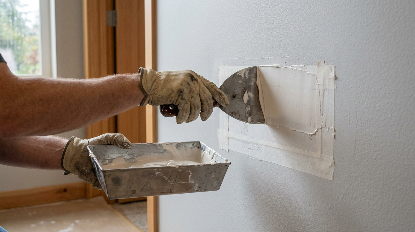 A professional handyman performing a drywall repair on a wall in a Greenwood, WA home.