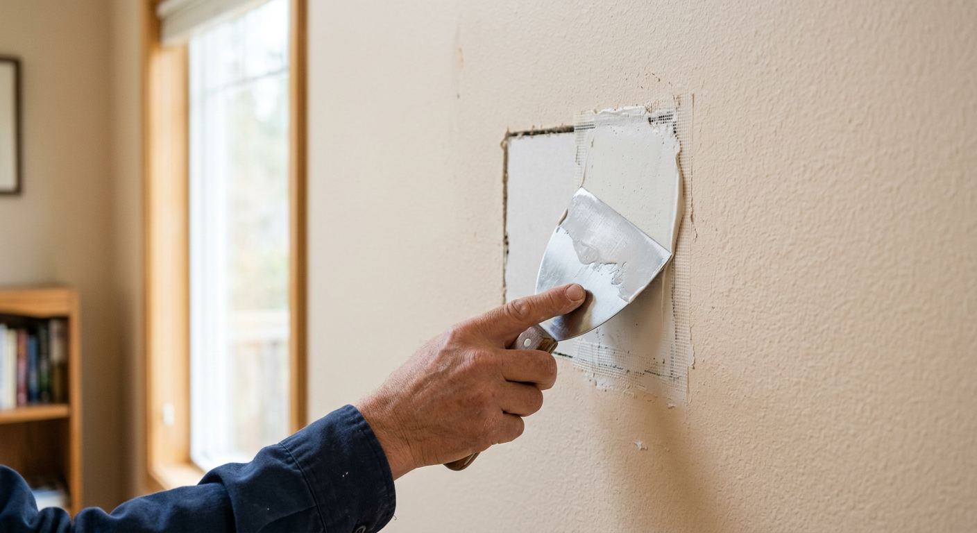 A professional applying joint compound to a wall during a drywall repair in a Greenwood home.