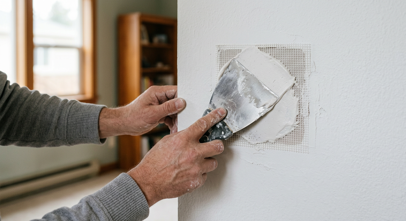Close-up of a professional performing a drywall repair on a wall in a Lynnwood, WA home.