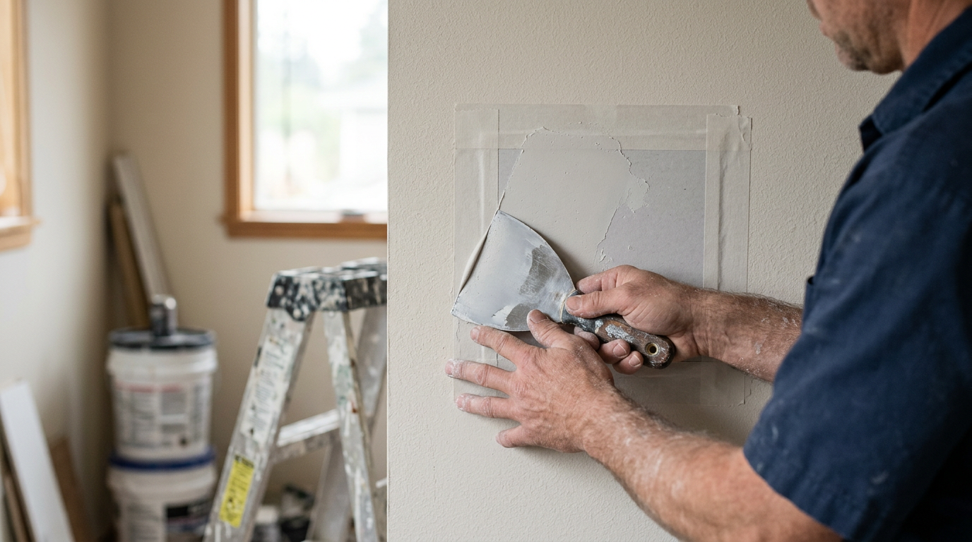 Professional applying joint compound for a drywall repair in a Lynnwood home.