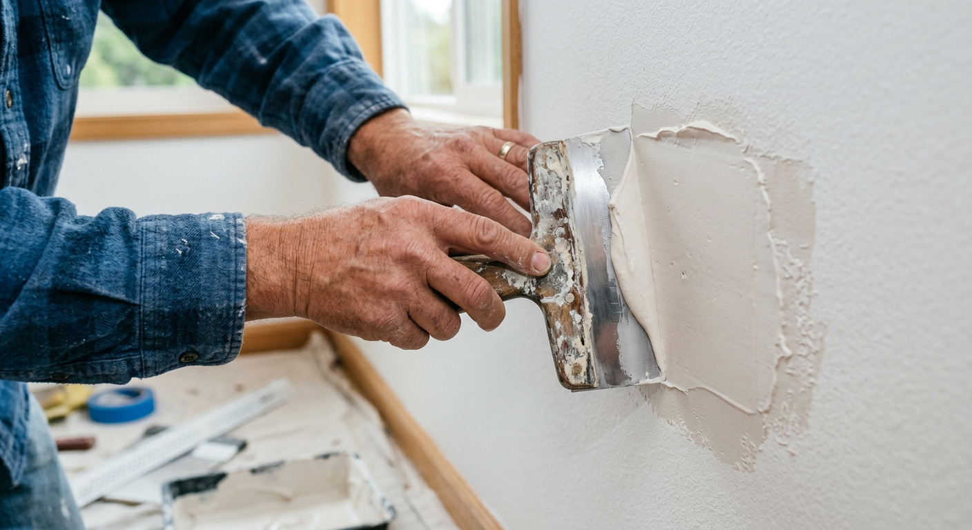 A close-up of a professional drywall repair being finished on a wall in a Mercer Island home.