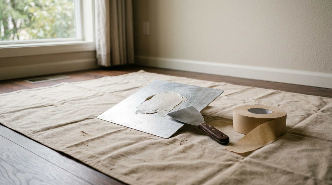 Professional tools including a taping knife and joint tape laid out for a drywall repair in a Mercer Island home.