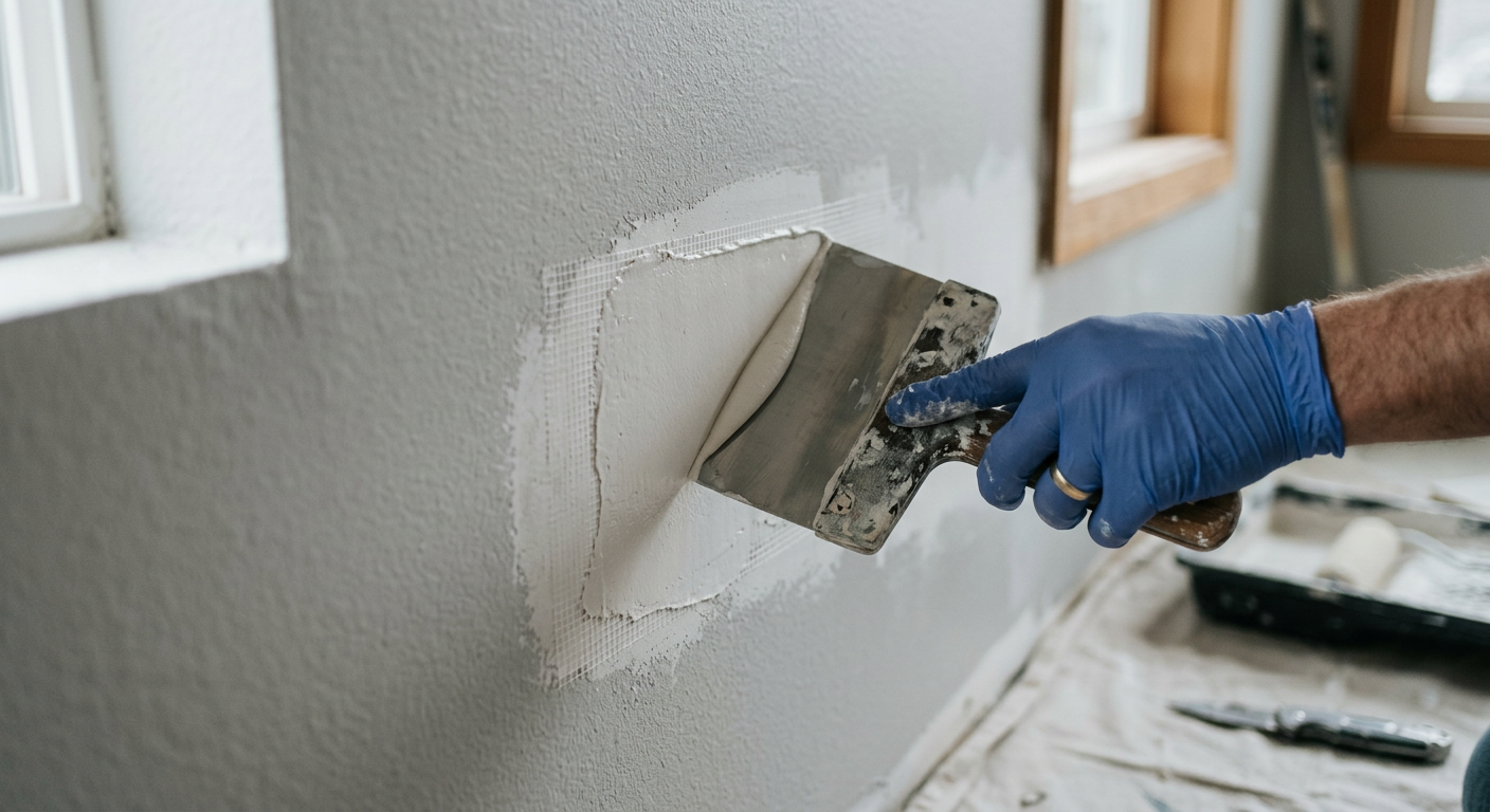 Professional applying joint compound during a drywall repair project in a Mercer Island home.