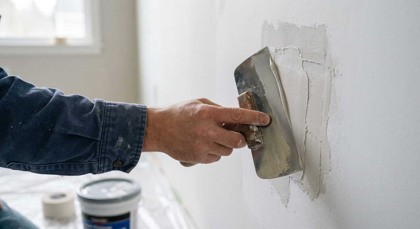 Close-up of a professional performing drywall repair on a wall in a Mercer Island home.