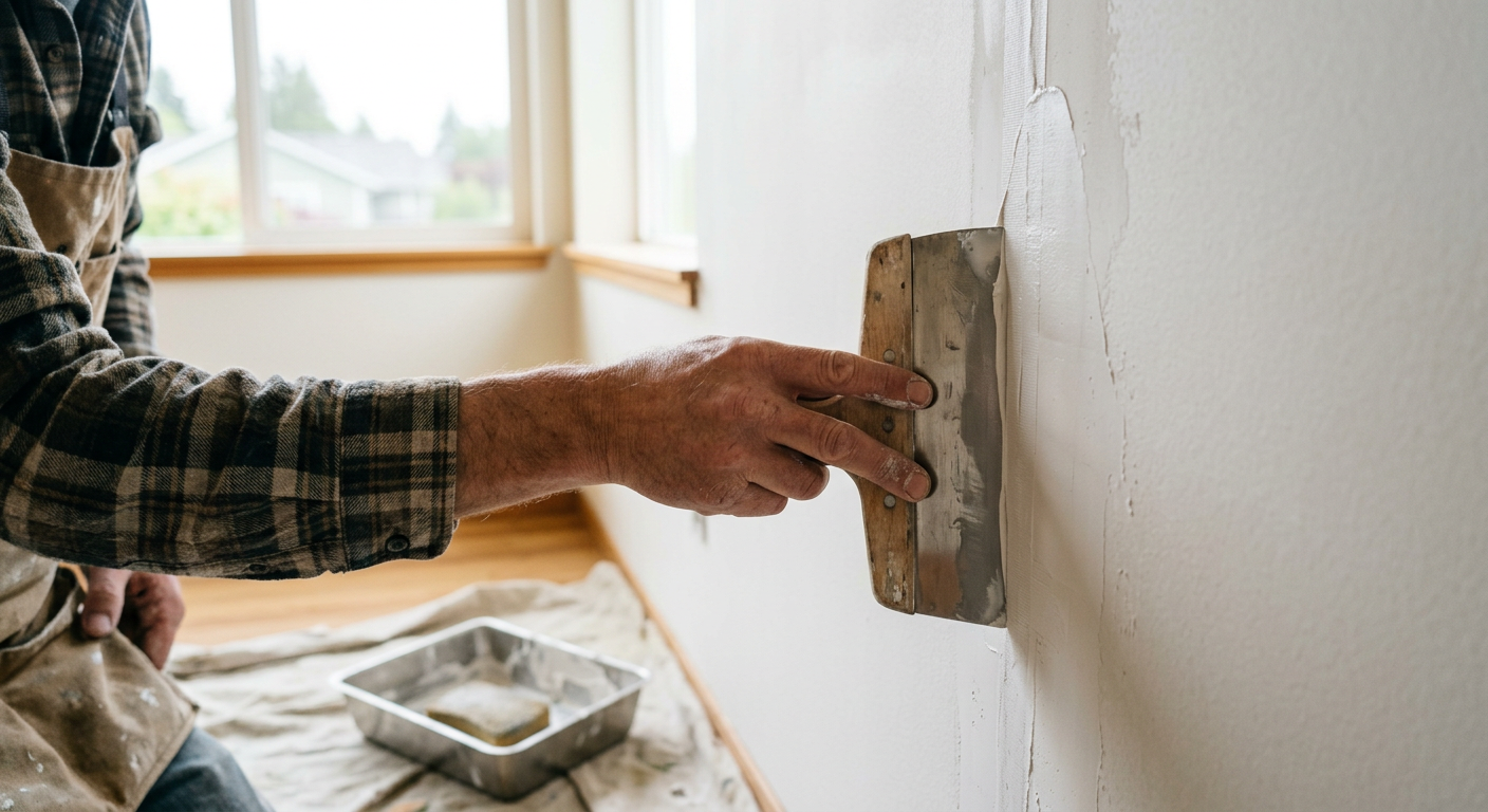Close-up of a taping knife feathering joint compound during a drywall repair in Redmond WA