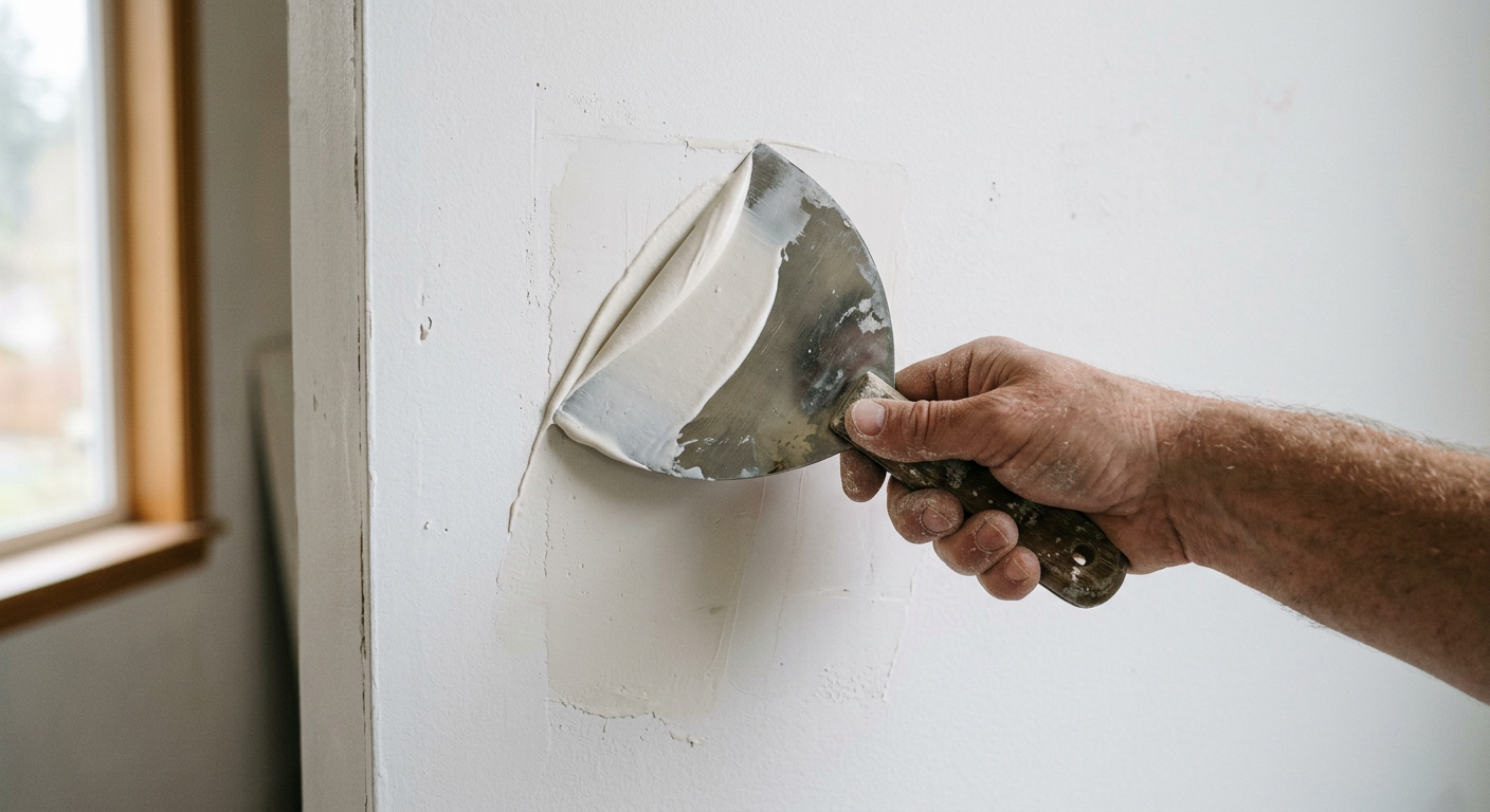 A professional applying joint compound for a drywall repair in a Redmond, Washington home.