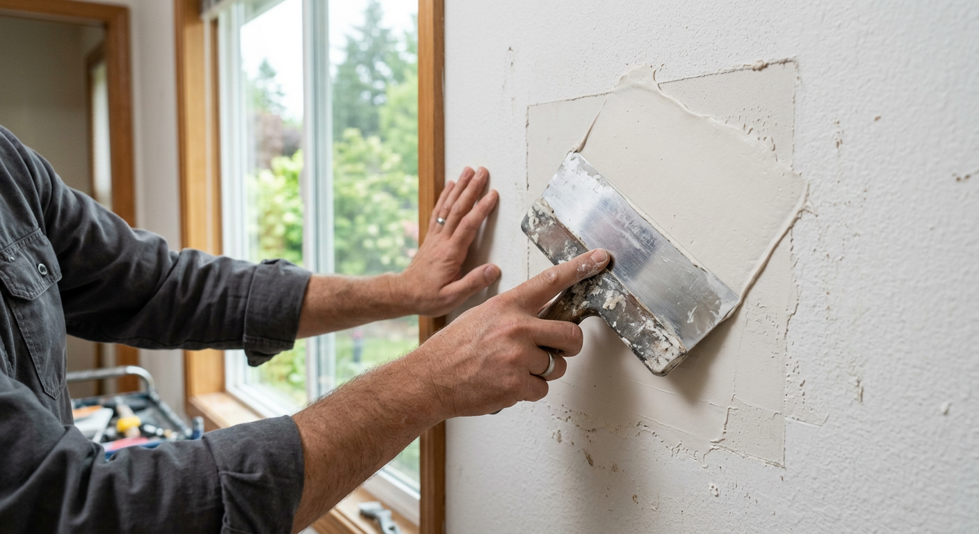 A professional applies joint compound during a drywall repair service in a Redmond, WA home.