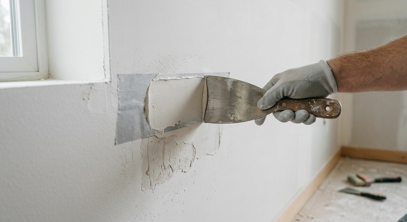 A professional taping knife applying joint compound to a clean drywall patch in a Shoreline, WA home.