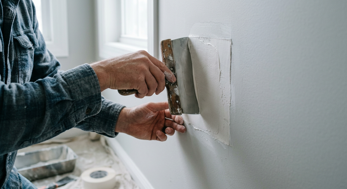 A handyman performing a professional drywall repair on a wall in a Shoreline home.