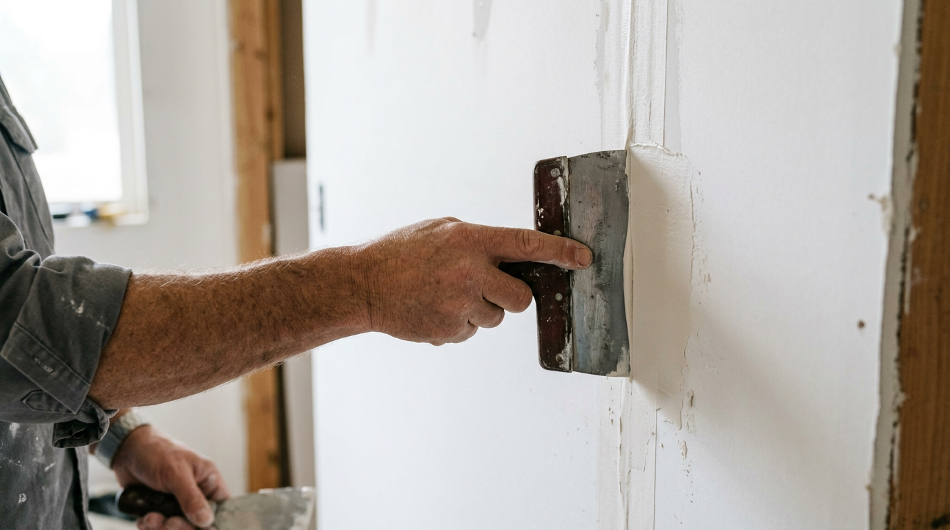 A handyman performs a professional drywall repair on a wall in a Shoreline home.