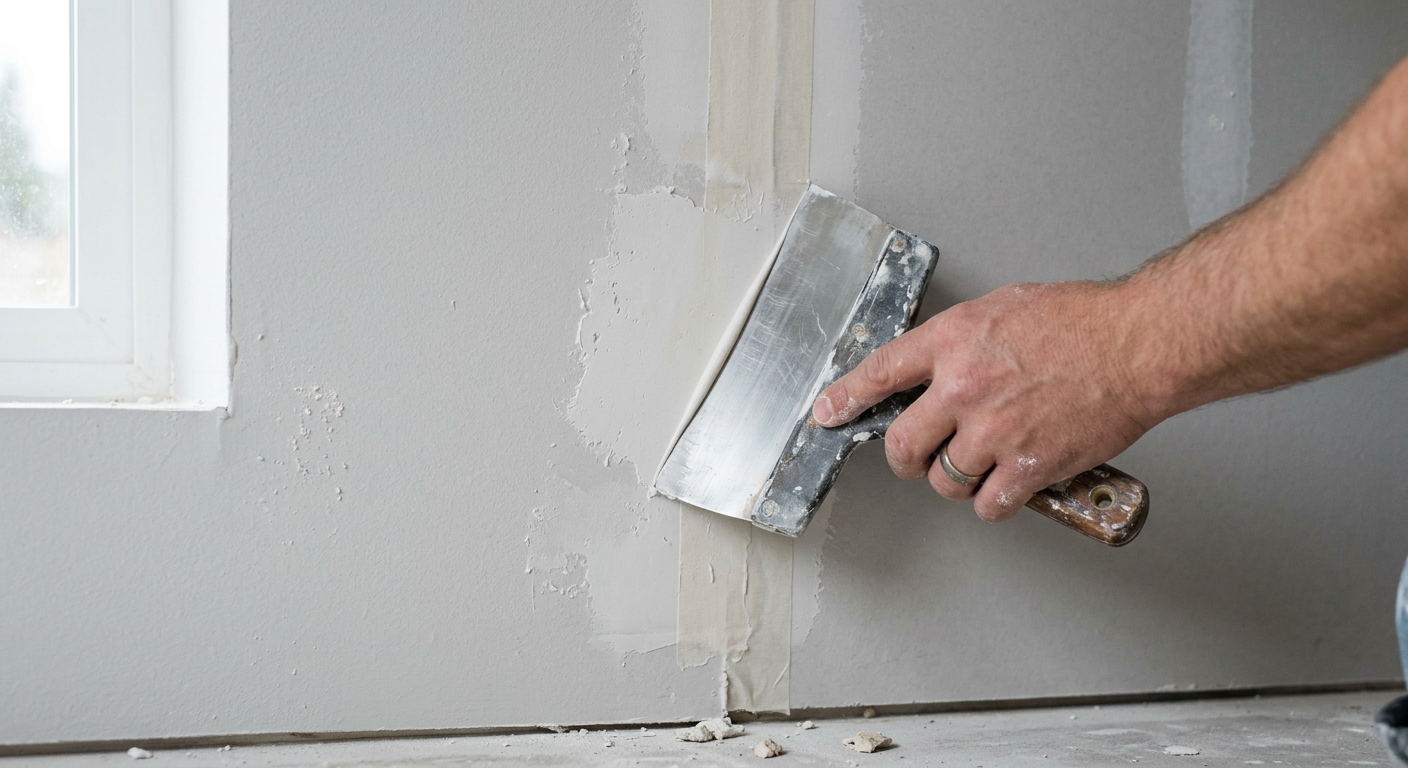 A close-up of a professional applying joint compound for a drywall repair in a Greenwood home.