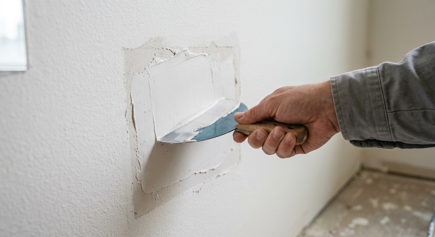A professional applying a skim coat for a drywall repair in a Redmond, WA home.